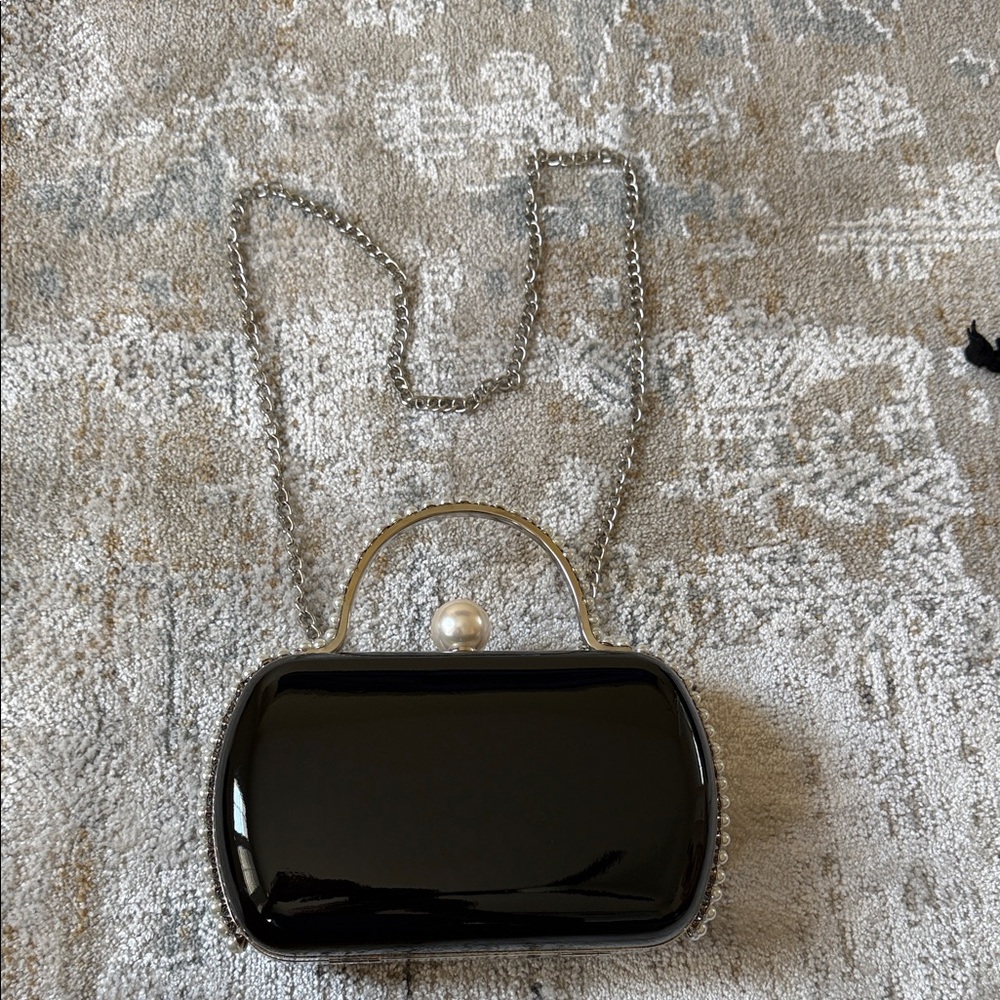 Aqua Black Patent Clutch with Pearl-Accent Clasp